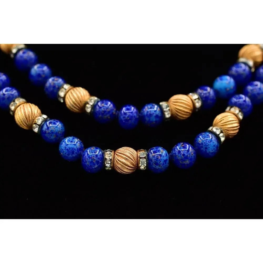 Vintage Lapis Lazuli Collar Beaded Necklace Layered Gold Tone Crystal 70s BinBD
